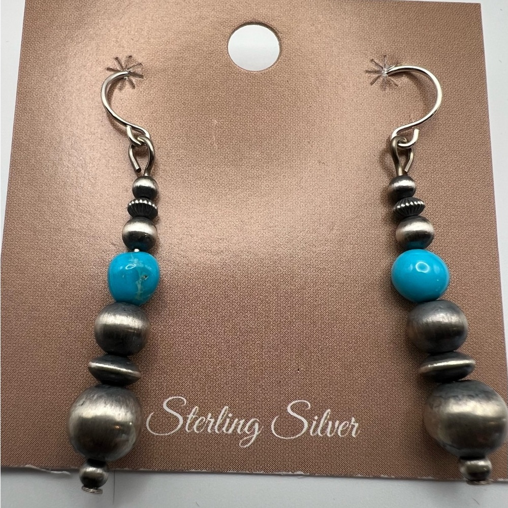 Sterling Silver Turquoise Navajo Pearl Bead Pierced Earrings